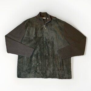 Brandini Black Suede Leather Merino Wool Full Zip Sweater Jacket Mens Size Large